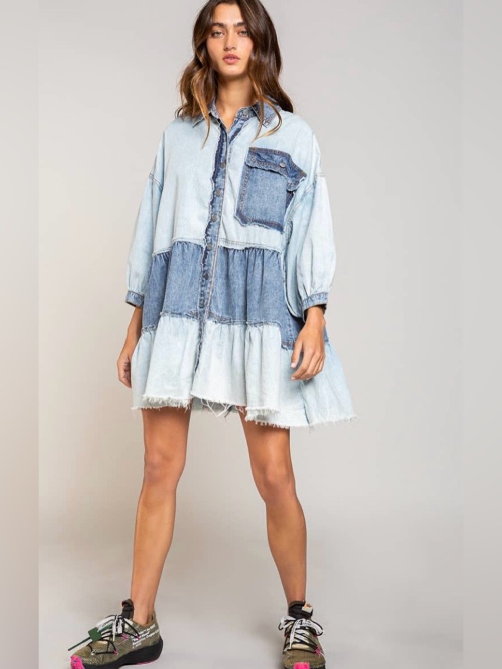 POL chambray Denim Babydoll Mini Dress Sz Medium Tiered Colorblock Overs